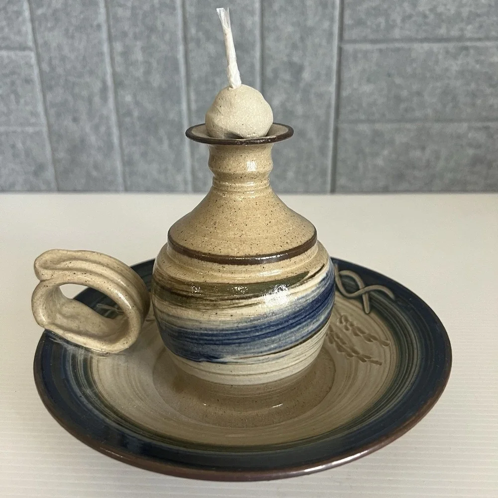 Vintage Studio Art Pottery Oil Lamp With Wick & Ball Candle Holder Signed